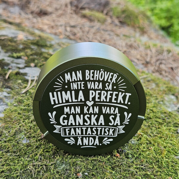 Grön snusdosa med citatet Man behöver inte vara så himla perfekt man kan vara ganska så fantastisk ändå